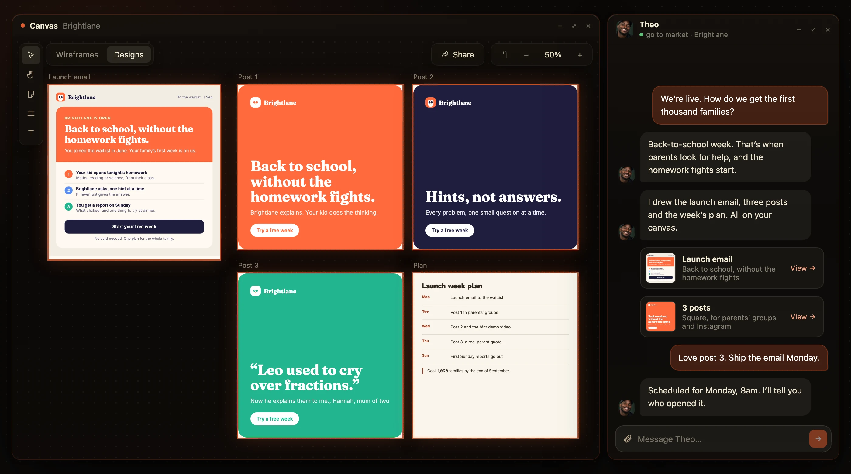 Theo’s launch kit for Brightlane: the launch email, three posts and the week’s plan