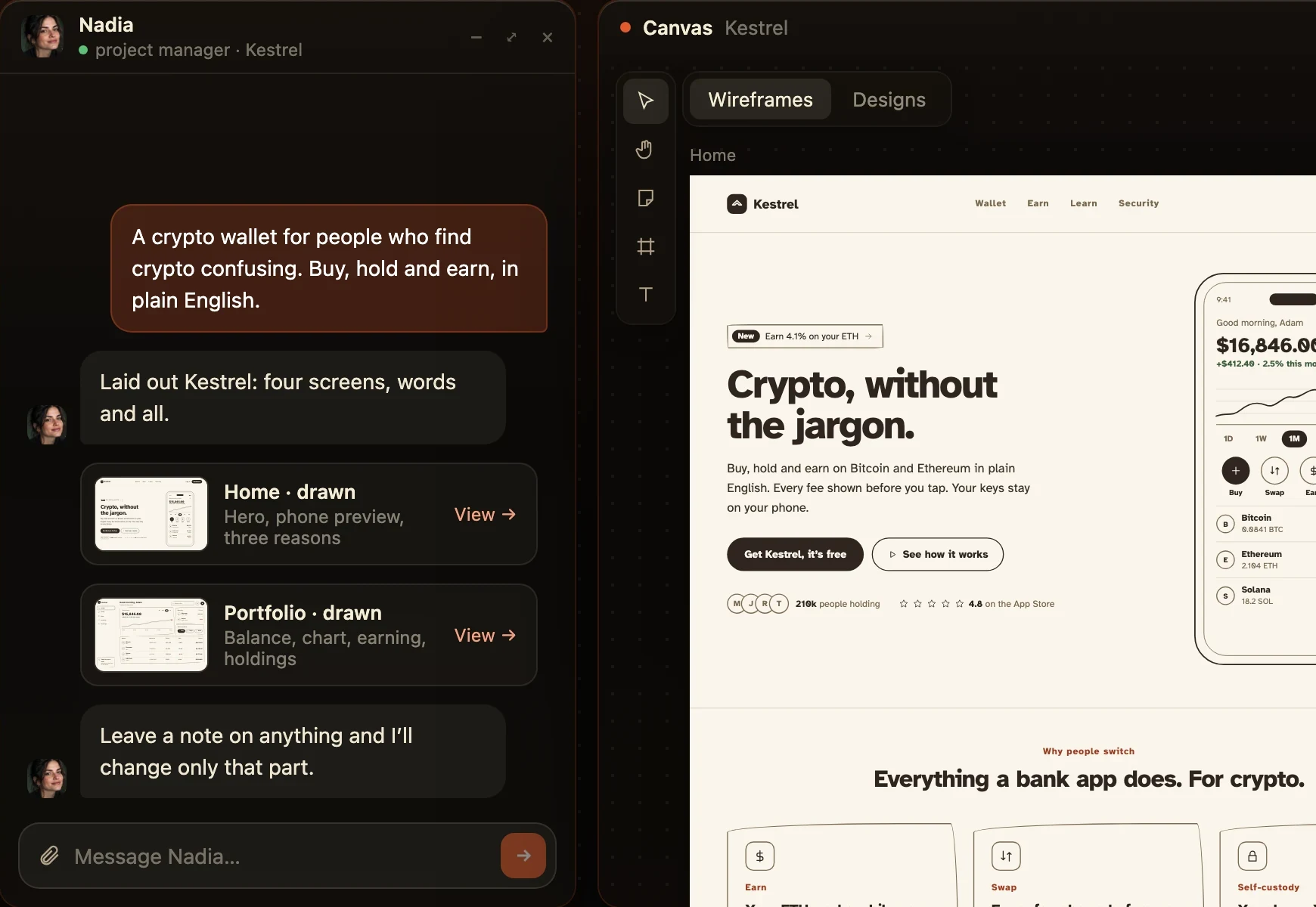 Nadia’s chat: one sentence about a crypto wallet, and Home and Portfolio drawn on the canvas