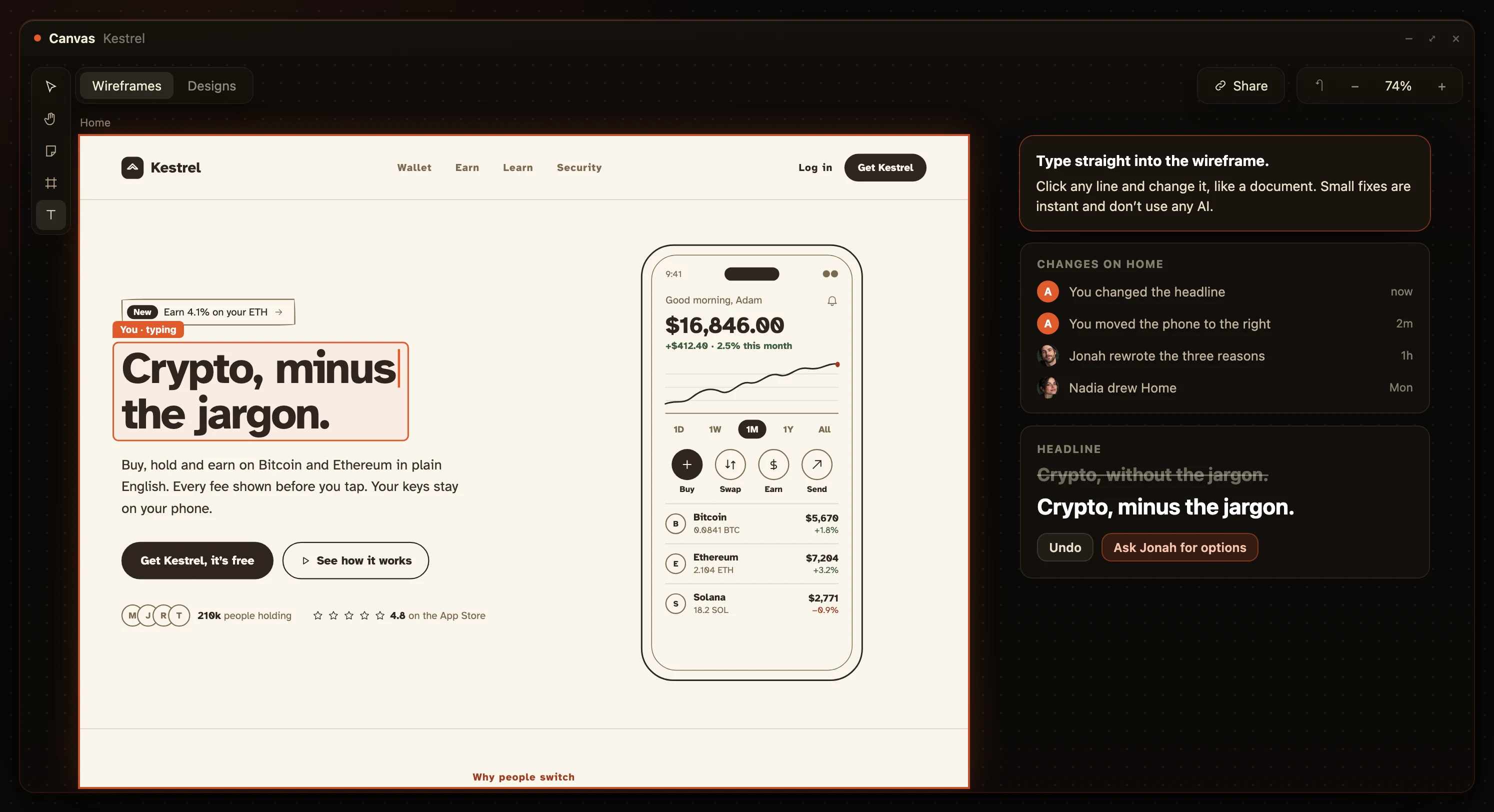 Retyping the Kestrel headline directly on the wireframe, with the change history beside it
