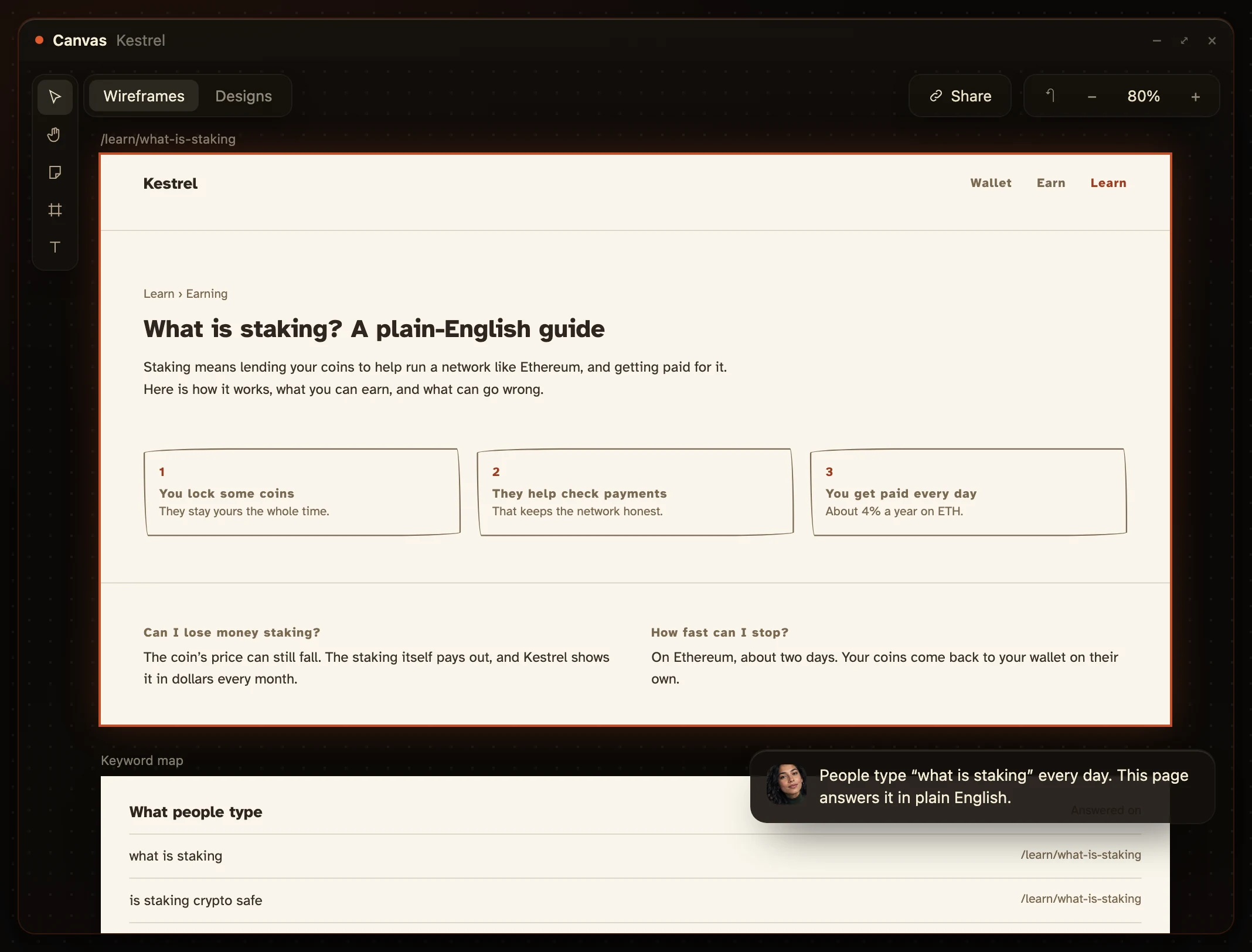 Rosa’s plain-English staking guide and keyword map on the Kestrel canvas