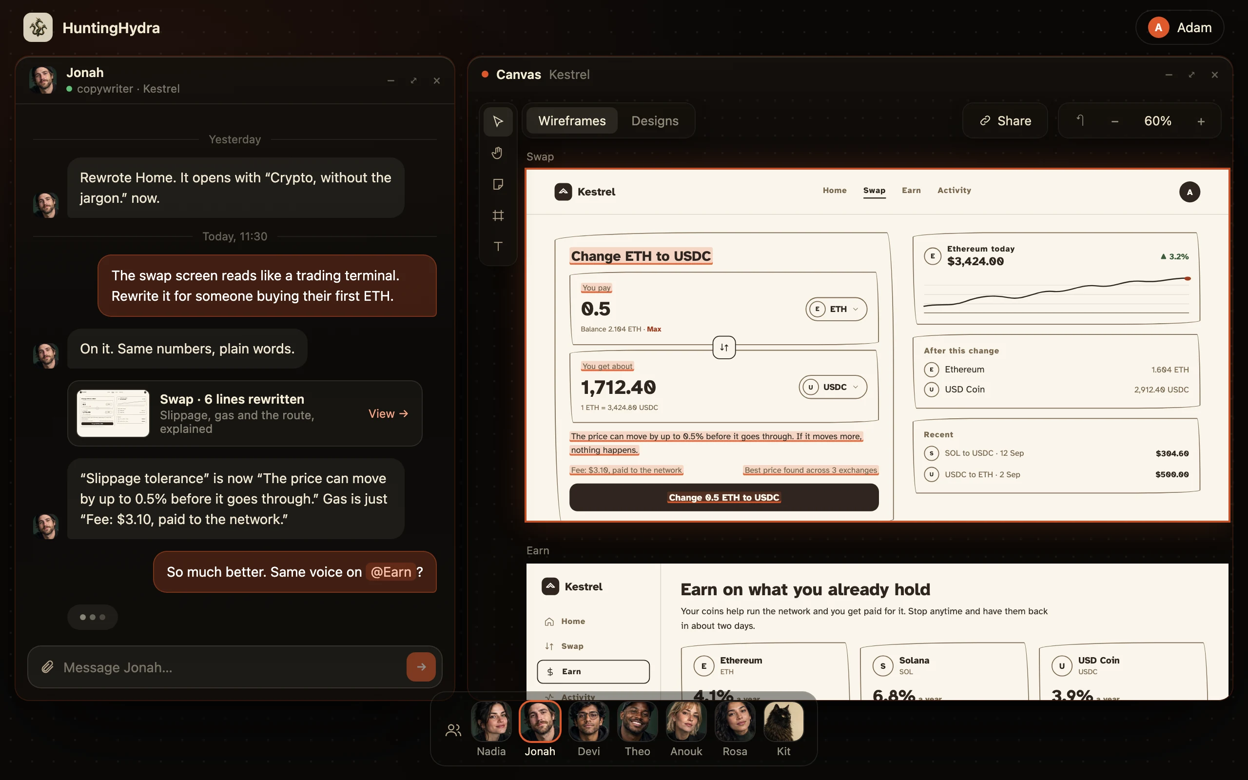 Jonah’s chat beside the canvas, rewriting the Kestrel swap screen in plain words