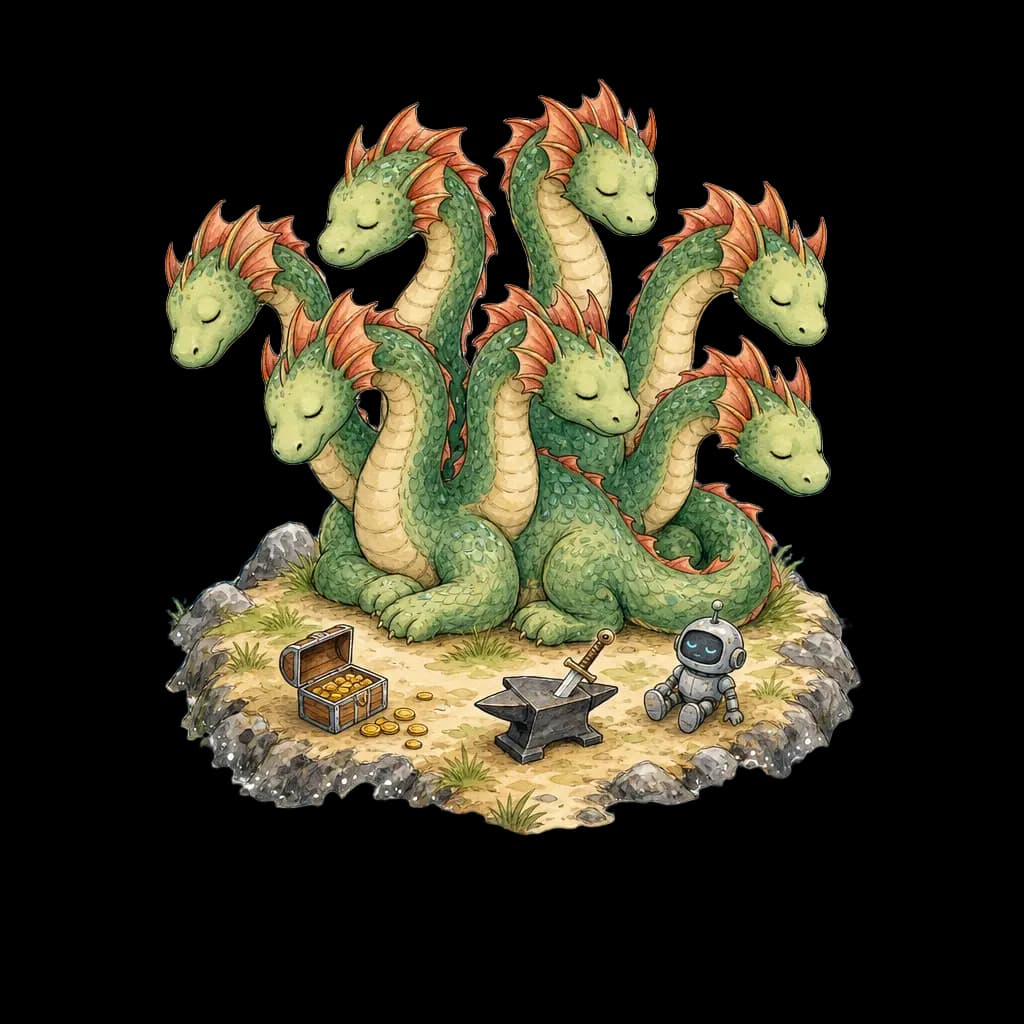 Six-headed hydra resting after the hunt