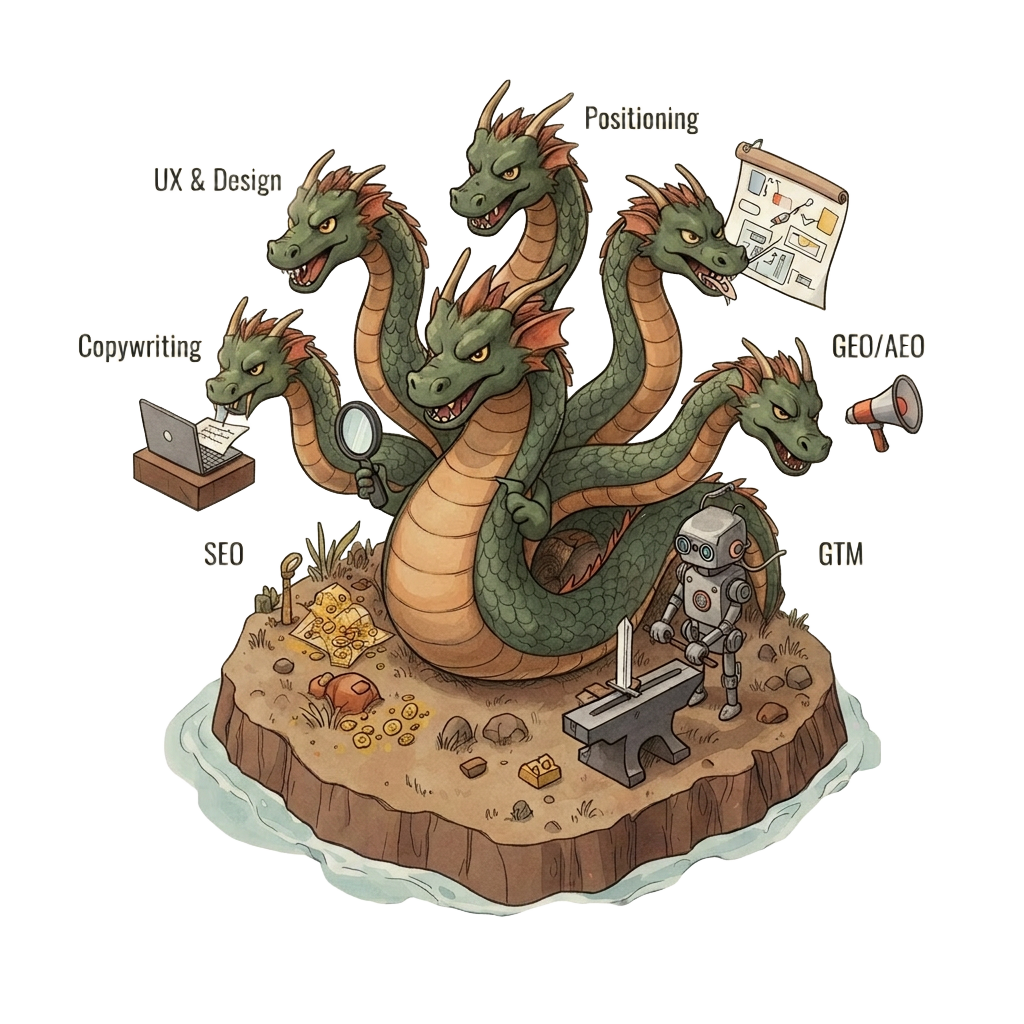 Illustrated seven-headed hydra, each head doing a different founder job